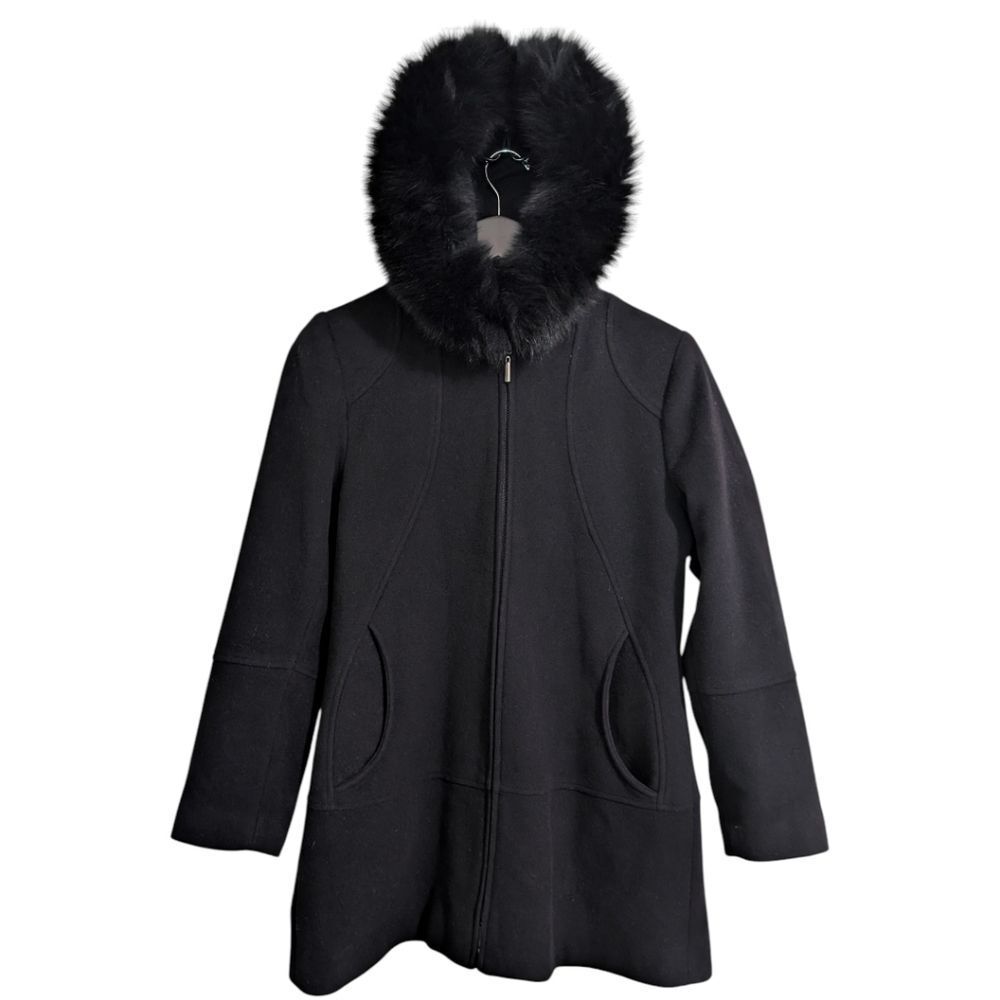 Sachi Collection Black Wool & Cashmere Fox Fur Trim Hooded Coat Size XS